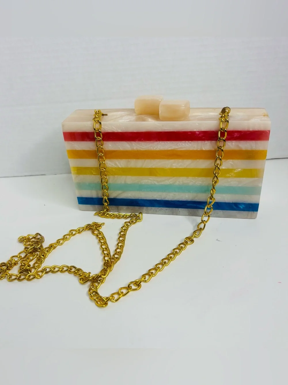 Striped Resin Box Clutch with Gold Chain - Multicolor